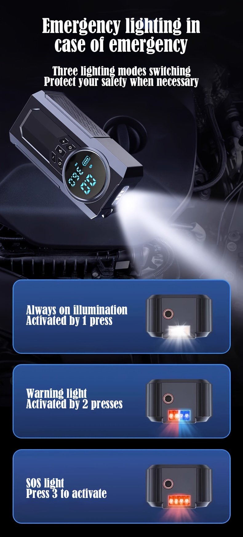 1 Portable Emergency Car Jump Starter with Air Pump & Power Bank - USB Rechargeable, Semi-Automatic, ABS Material, Black - Ideal for Christmas, Valentine's, Thanksgiving - Features Digital Display & Inflates Large Tires - Image 12
