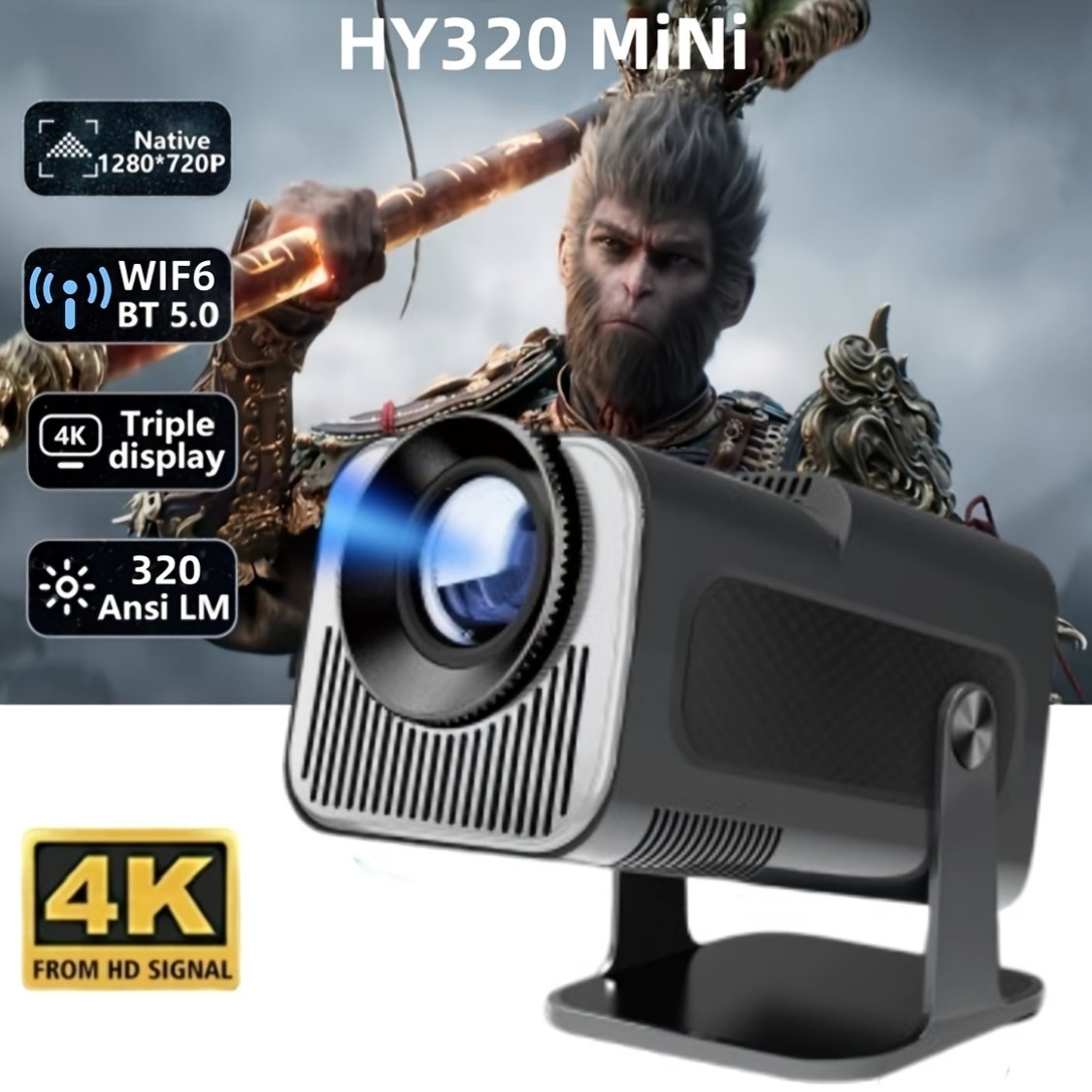 Popular HY320 Mini Projector 4K Ultra HD, Andro 11.0, Lightweight and Portable 720P 320ANSI Portable Wireless Home Cinema 180 ° Projection Multi angle Adjustment - Image 5