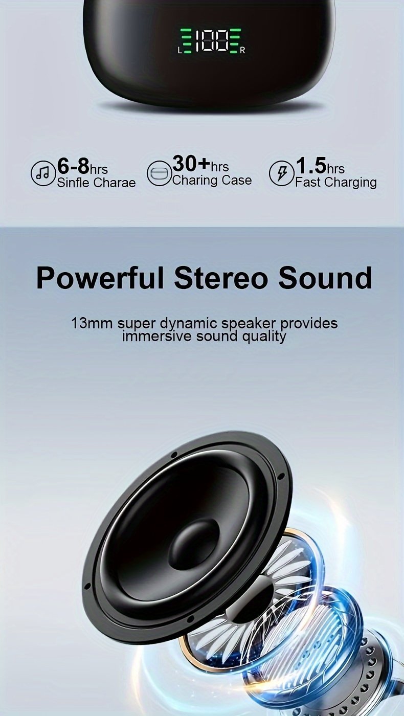 Wireless Headphones, ENC Noise Reduction V5.3 Headphones, 13mm Speaker, 30 Hours Playback Time, Built-in Noise Reduction Microphone, Type-C Fast Charging Box, Stereo for iPhone and for Android, with Digital Display - Image 10