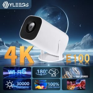 1pc YLEEGS 4K E100 Smart Projector, 720P Screen Resolution, 180° Adjustable Stand, Stereo Audio, 220-240V AC, European Standard Plug, Wi-Fi 2.4/5G, BT 5.0, 160ANSI, No Charging Function, Ideal for Home Theater & Holiday Gifts