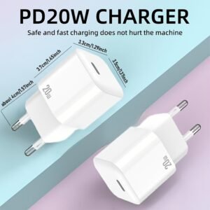 TIENSUN 20W PD Fast Charging USB-C Wall Adapter, European Standard Plug - Sleek White Travel Power Supply for iPhone 15 & for iPad, Quick Charge with Type-C Connector