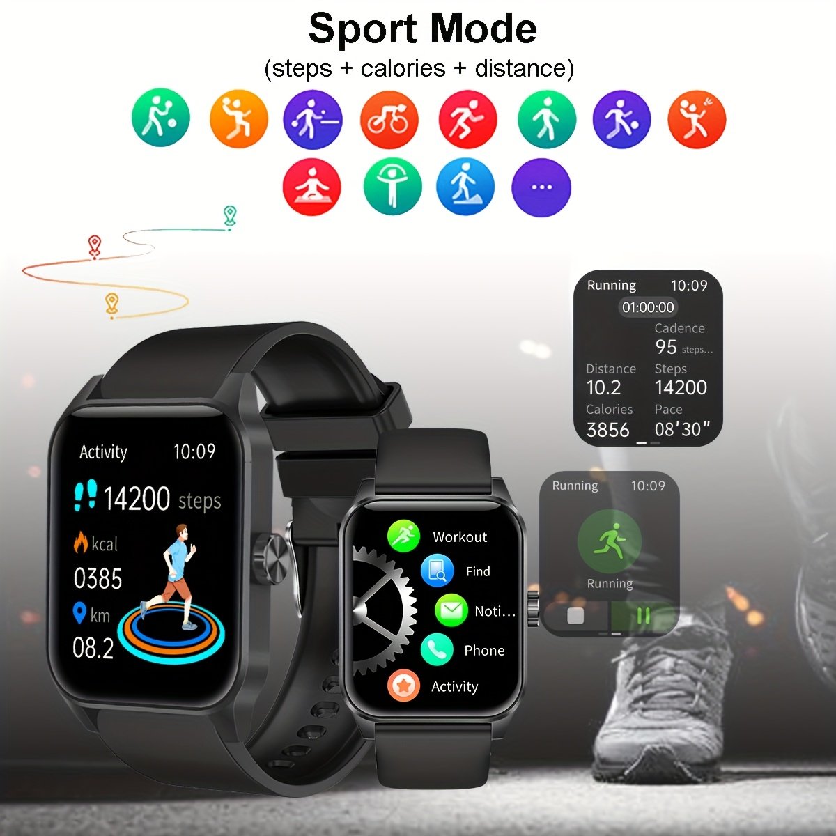 1pc Coiusor Men'S Smart Watch - 4.7cm HD Full Touch Screen, IP68 Waterproof, USB Rechargeable, Silicone Strap, Sports Style, Pedometer, Message Push, Call Function, Compatible with iPhone/Android - Image 2