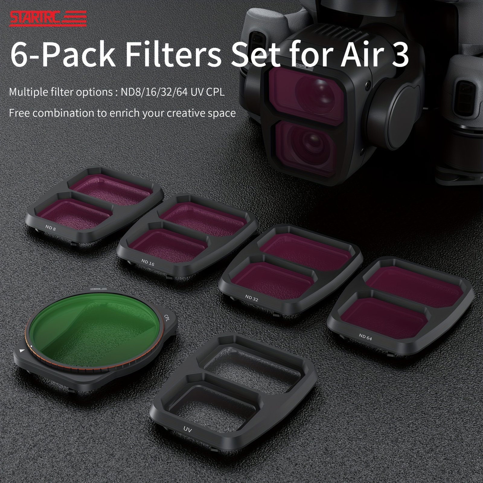 STARTRC 6pcs ND Filter Set for DJI Air 3 - UV, CPL, ND8, ND16, ND32, ND64 - Adjustable Metal Filters with Rectangular Shape - Image 4