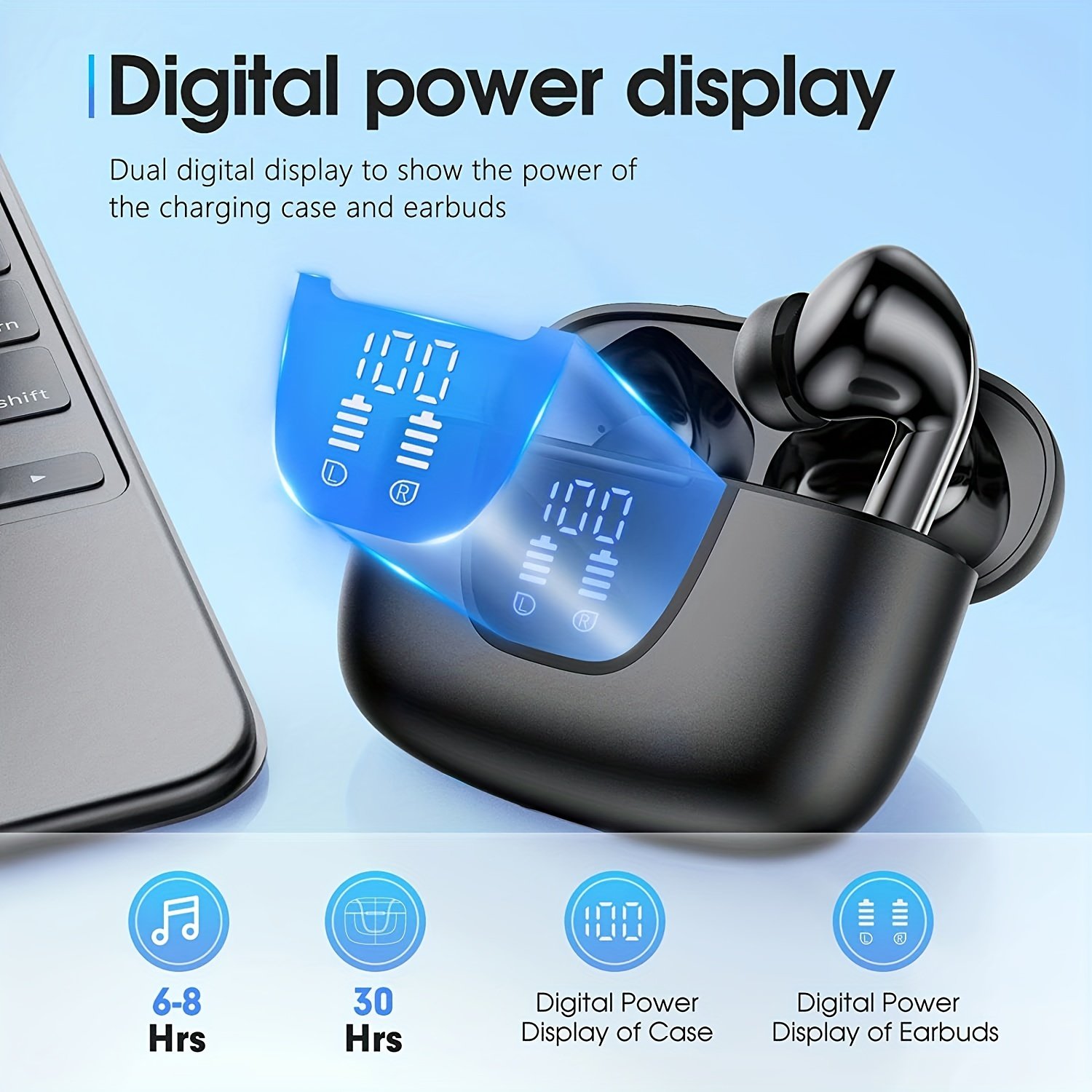 Wireless Headphones, Wireless 5.3 Headphones, 13mm Speaker, 30H Playtime, Type-C Fast Charging Box, Stereo Wireless In-Ear Headphones, Suitable for iPhone and for Android In-Ear Headphones, Gaming Business Sports Headphones with Microphone. with digital d - Image 3