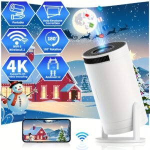 Compact SCUARI S100 Mini Projector with Auto Keystone Correction - 4K Ultra HD & WiFi6, Wireless 5.2, 180° Rotation, High-Contrast 10000:1, Portable Home Theater Experience for Smartphone/Laptop/HDTV, Android12, Type-C Power Delivery, Wireless Audio Strea