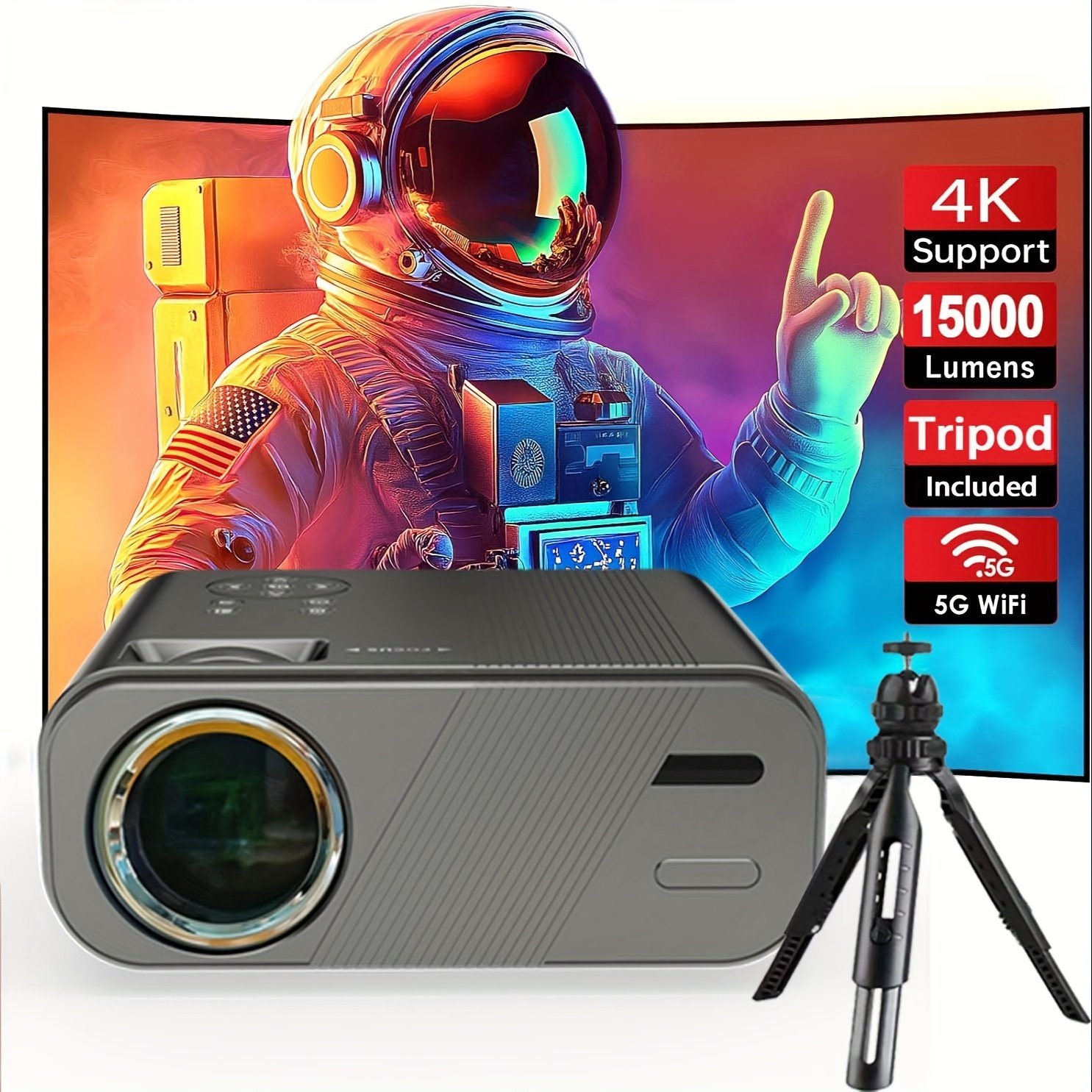 Projector with WIFI And Stand, Full HD 1080P Portable Video Projector, 15000 Lumens, Home Movie Projector, Compatible with Tablets/Laptops/Tv Sticks/Ps4/Usb/Smartphones - Image 3