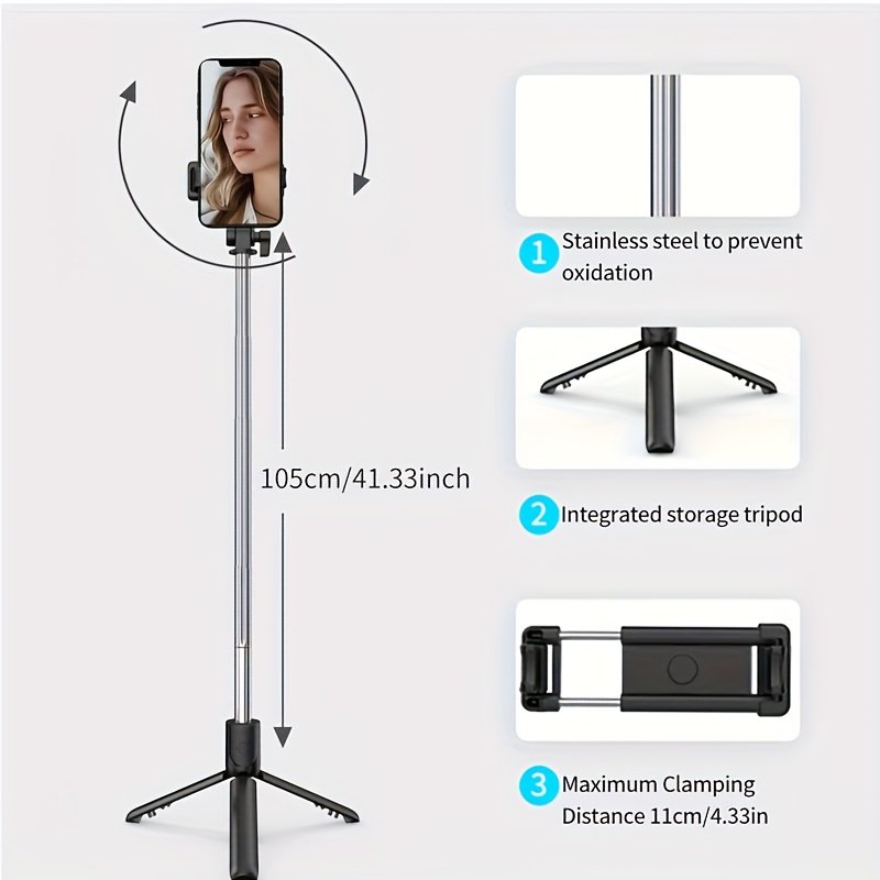 1pc Extra Long 104.98cm Wireless Selfie Stick Tripod with Beauty Fill Light, Remote Control, 360° Rotating, Stainless Steel, Compatible with Live Streaming & Photography, Non-Rechargeable Button Battery Powered - Image 3