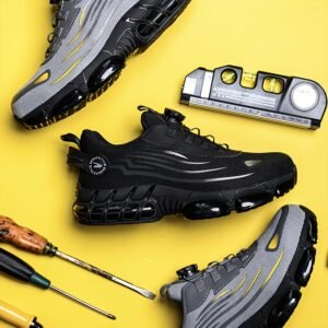 Men'S Unisex Professional Steel Toe Work Boots, Puncture Proof Safety Shoes with Shock Absorption, Non-Slip Lace-Up Low Top, Solid Color Fabric Upper & Inner, Rubber Sole, Round Toe, Comfort Insole
