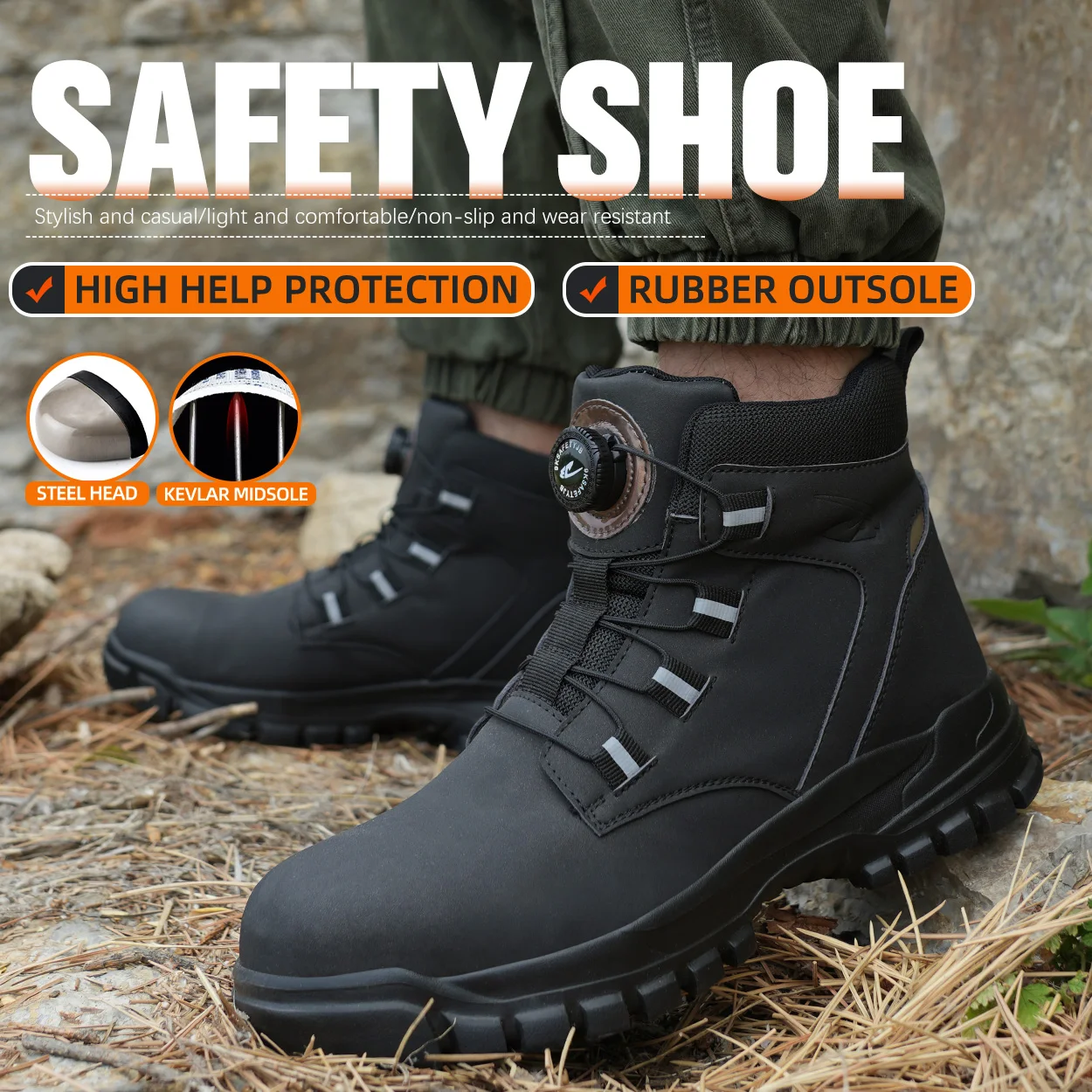 Rotating Button Work Shoes for Men Anti Puncture Work Sneakers Waterproof Black Work Safety Shoes Non Slip Steel Toe Boots - Image 3