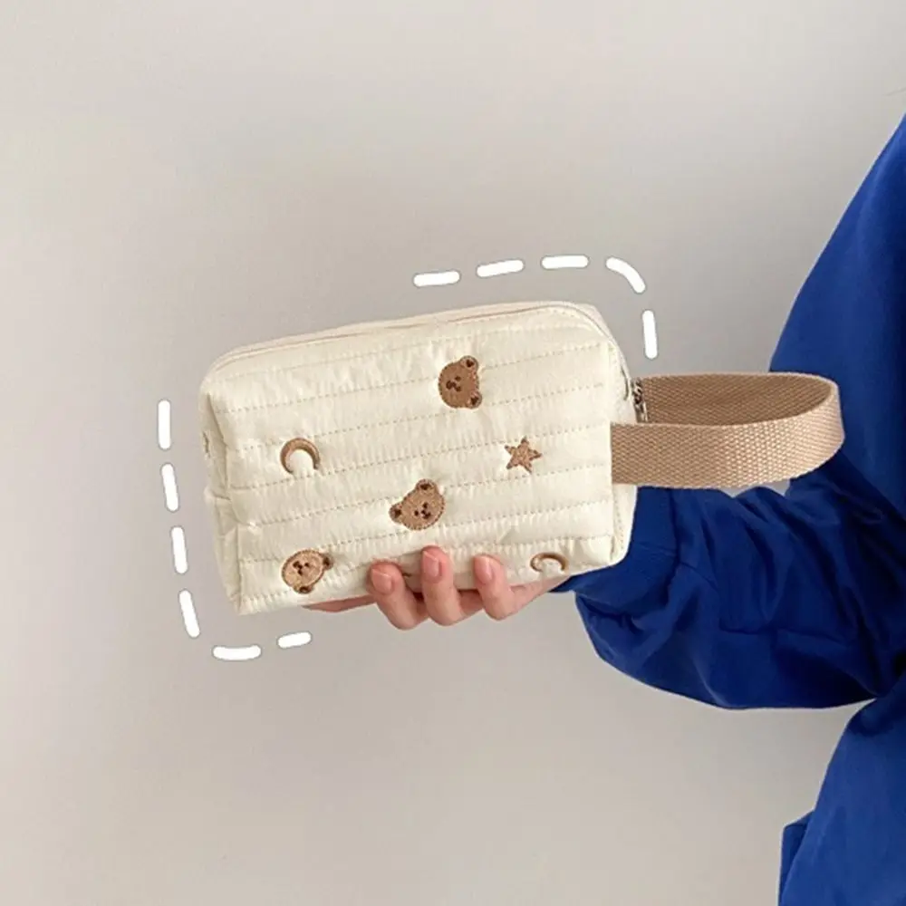 Embroidery Bear Makeup Bag Quilt Cotton Women Zipper Cosmetic Organizer Cute Wrist Make Up Pouch Portable Toiletry Case - Image 2