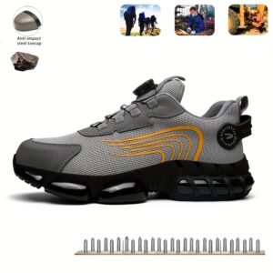 Men's Woven Breathable Steel Toe & Puncture Proof Safety Shoes With Rotating Buckle & Good Shock Absorbing, Comfy Non Slip Durable EVA Sole Work Shoes, Men's Footwear