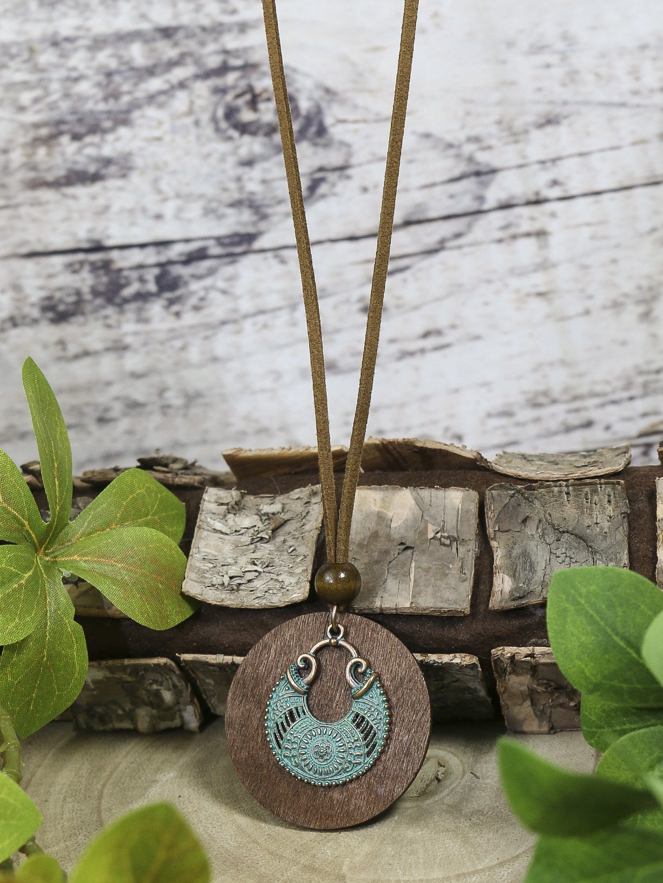 3pack Ancient Folk Wooden Round Plus Geometric Ancient Copper Layered Charm Earrings Necklace Set - Image 22