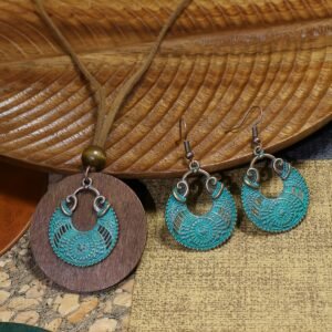 3pack Ancient Folk Wooden Round Plus Geometric Ancient Copper Layered Charm Earrings Necklace Set