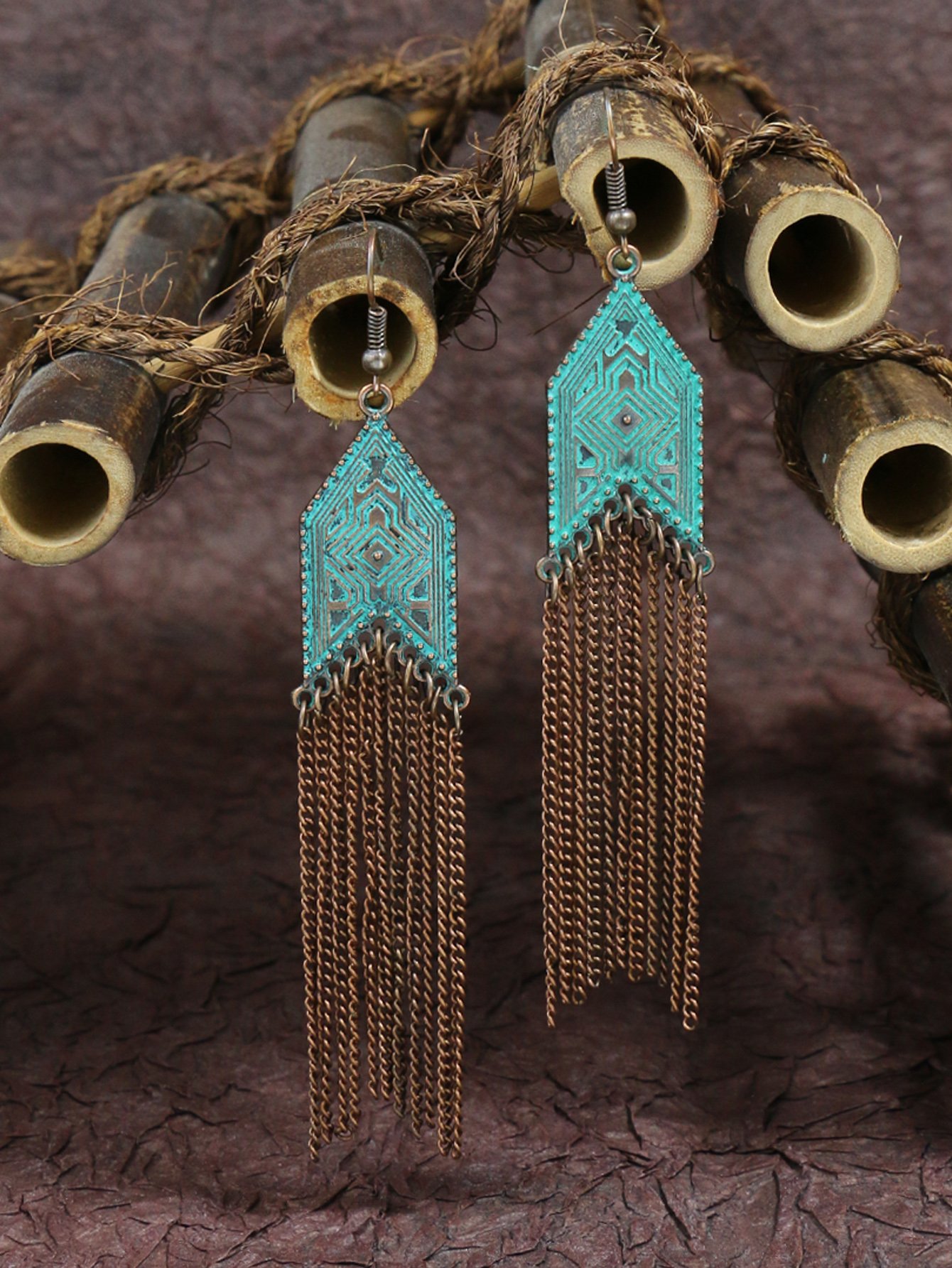 1 Pair Of Retro Style Bronze And Blue Geometric Chain Tassel Long Earrings Ethnic Style - Image 16