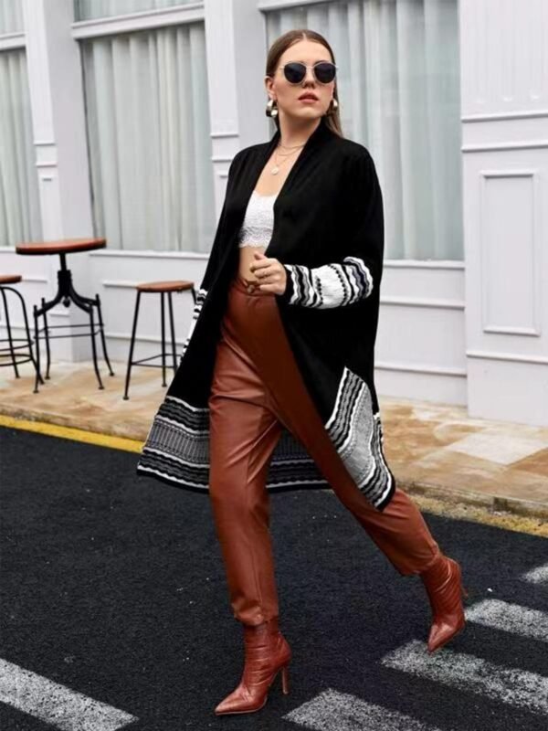 Women's Plus Size Long Casual Colorblock Knit High Stretch Sweater Cardigan - Image 6