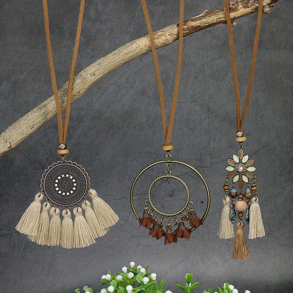 3pcs Boho Ethnic Long Sundry Colors Tassel Pendant Necklaces For Women Retro Rhinestone Drip Oil Alloy Necklace - Image 3