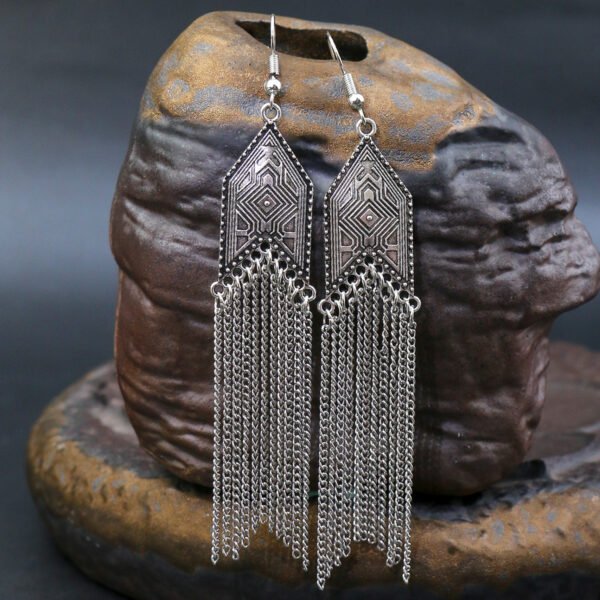 1 Pair Of Retro Style Bronze And Blue Geometric Chain Tassel Long Earrings Ethnic Style - Image 6