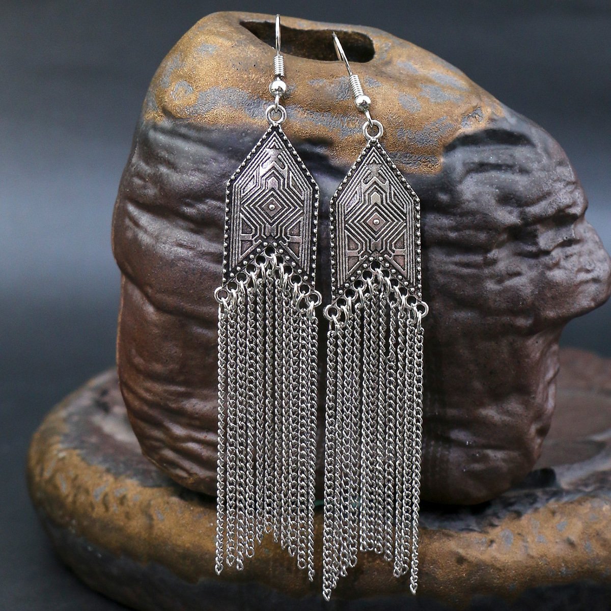 1 Pair Of Retro Style Bronze And Blue Geometric Chain Tassel Long Earrings Ethnic Style - Image 6