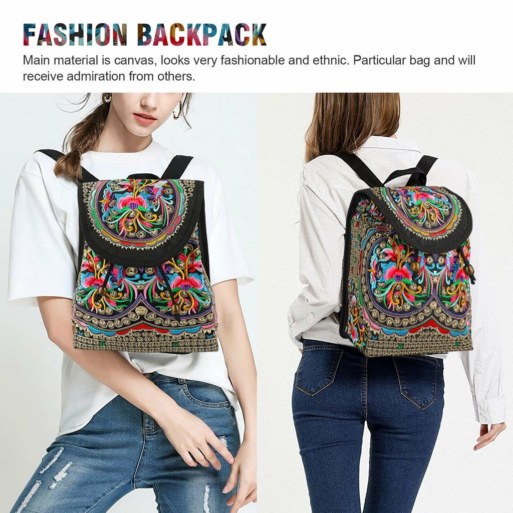 Vibrant Floral Embroidered Canvas Backpack - Stylish Women's Trendy Bookbag with Fashion Flap, Multiple Compartments, and Durable Construction for Travel, School, and Daily Use - Image 5