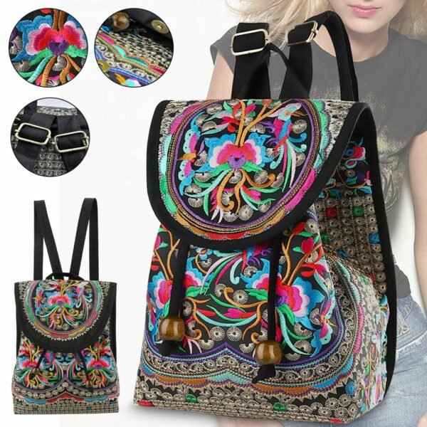 Vibrant Floral Embroidered Canvas Backpack - Stylish Women's Trendy Bookbag with Fashion Flap, Multiple Compartments, and Durable Construction for Travel, School, and Daily Use - Image 2