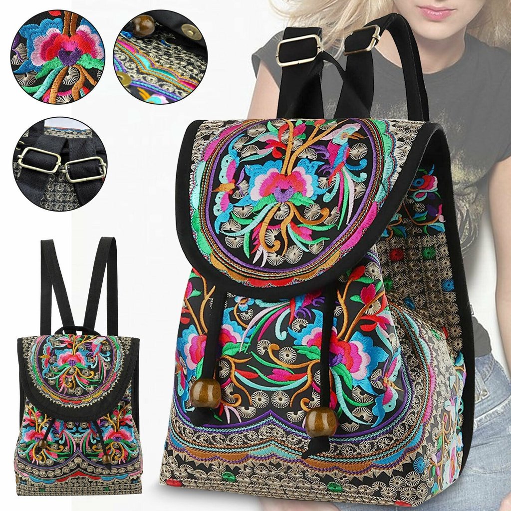 Vibrant Floral Embroidered Canvas Backpack - Stylish Women's Trendy Bookbag with Fashion Flap, Multiple Compartments, and Durable Construction for Travel, School, and Daily Use - Image 2