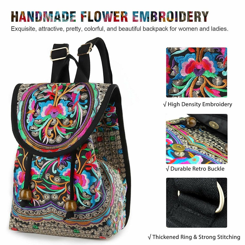 Vibrant Floral Embroidered Canvas Backpack - Stylish Women's Trendy Bookbag with Fashion Flap, Multiple Compartments, and Durable Construction for Travel, School, and Daily Use - Image 8