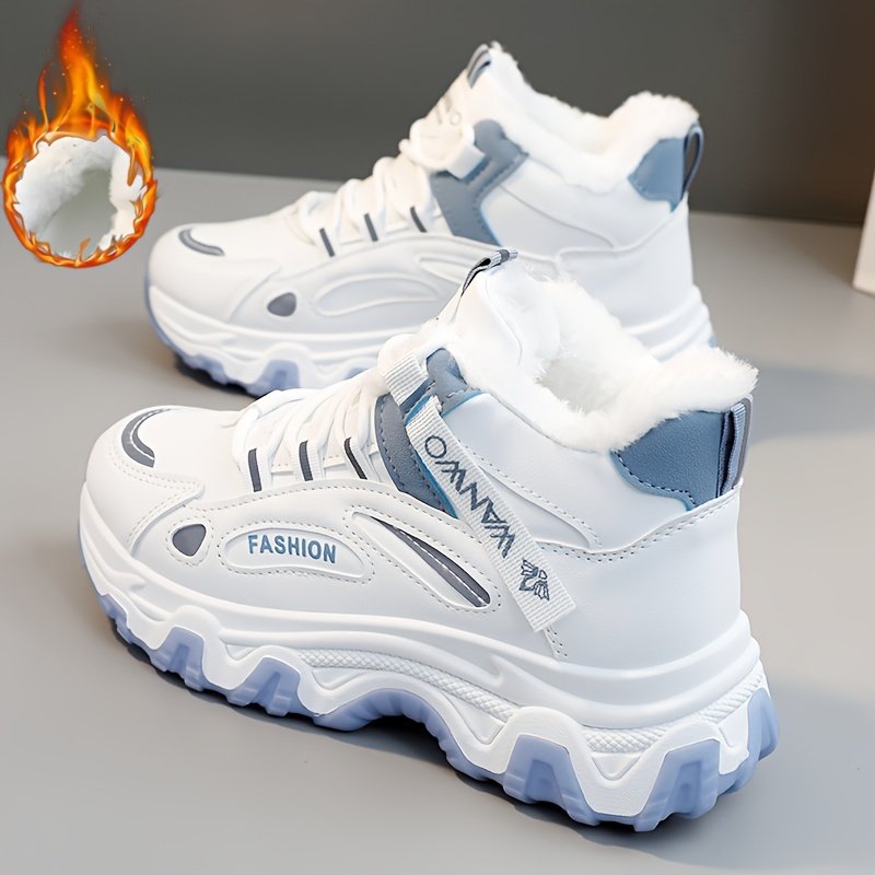 Chunky Color-block Thick Sole Sneakers - Women's Casual Plus Size Anti-slip Running Shoes with Warm Plush Lined - Image 3