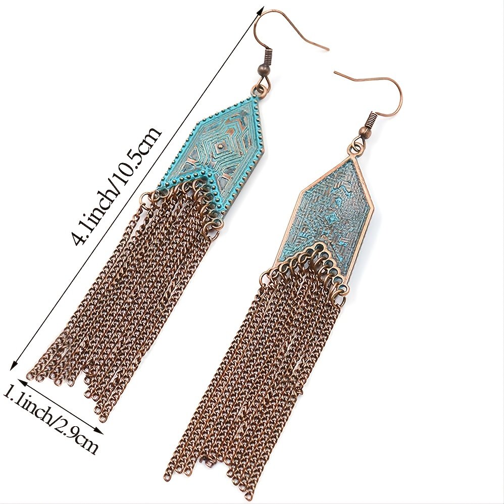 1 Pair Of Retro Style Bronze And Blue Geometric Chain Tassel Long Earrings Ethnic Style - Image 7