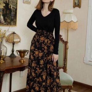 Elegant Spring-Fall Floral Knit Dress | V-Neck, Long-Sleeve, Durable & Comfortable with Unique Belt