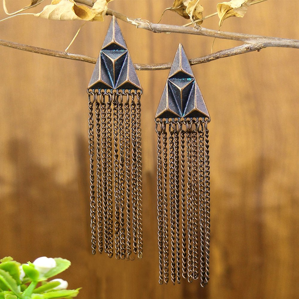 1 Pair Of Retro Style Bronze And Blue Geometric Chain Tassel Long Earrings Ethnic Style - Image 12