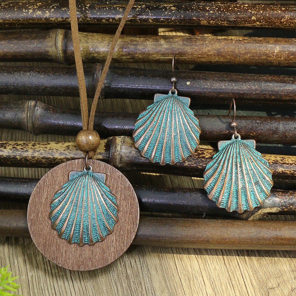 3pack Ancient Folk Wooden Round Plus Geometric Ancient Copper Layered Charm Earrings Necklace Set - Image 29