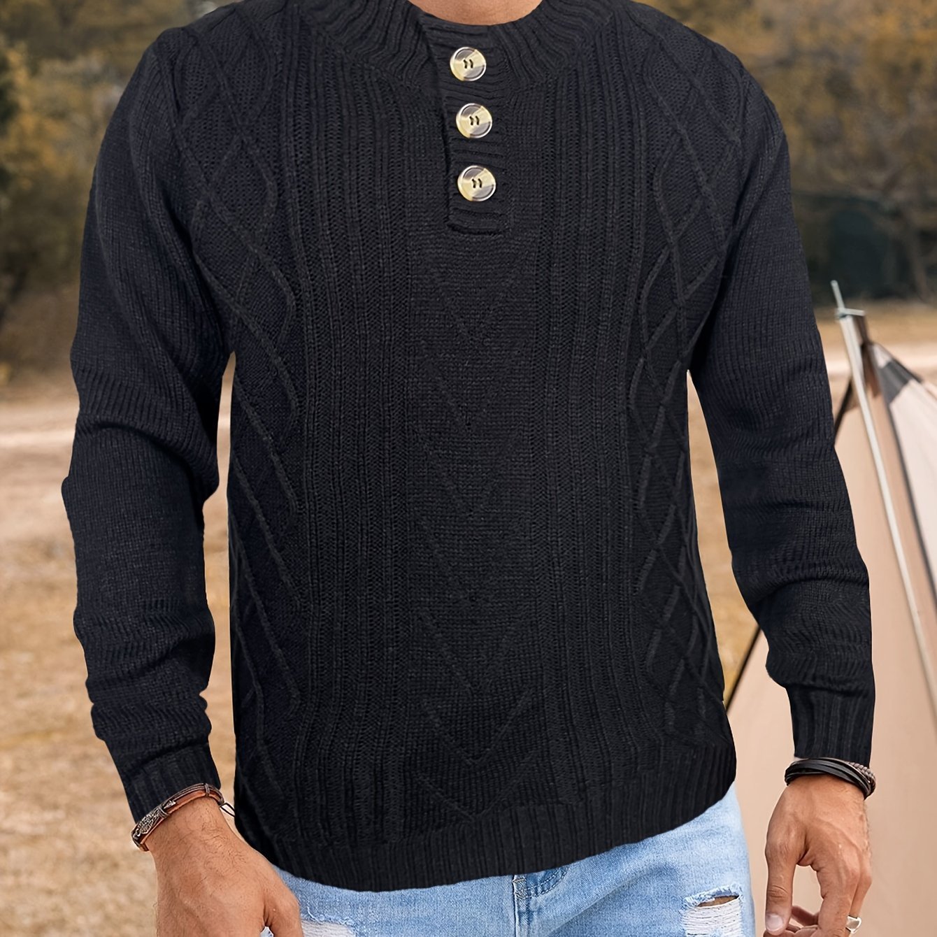 Cozy Men's Retro Long Sleeve Cable Knit Button Pullover Sweater for Winter - Image 13