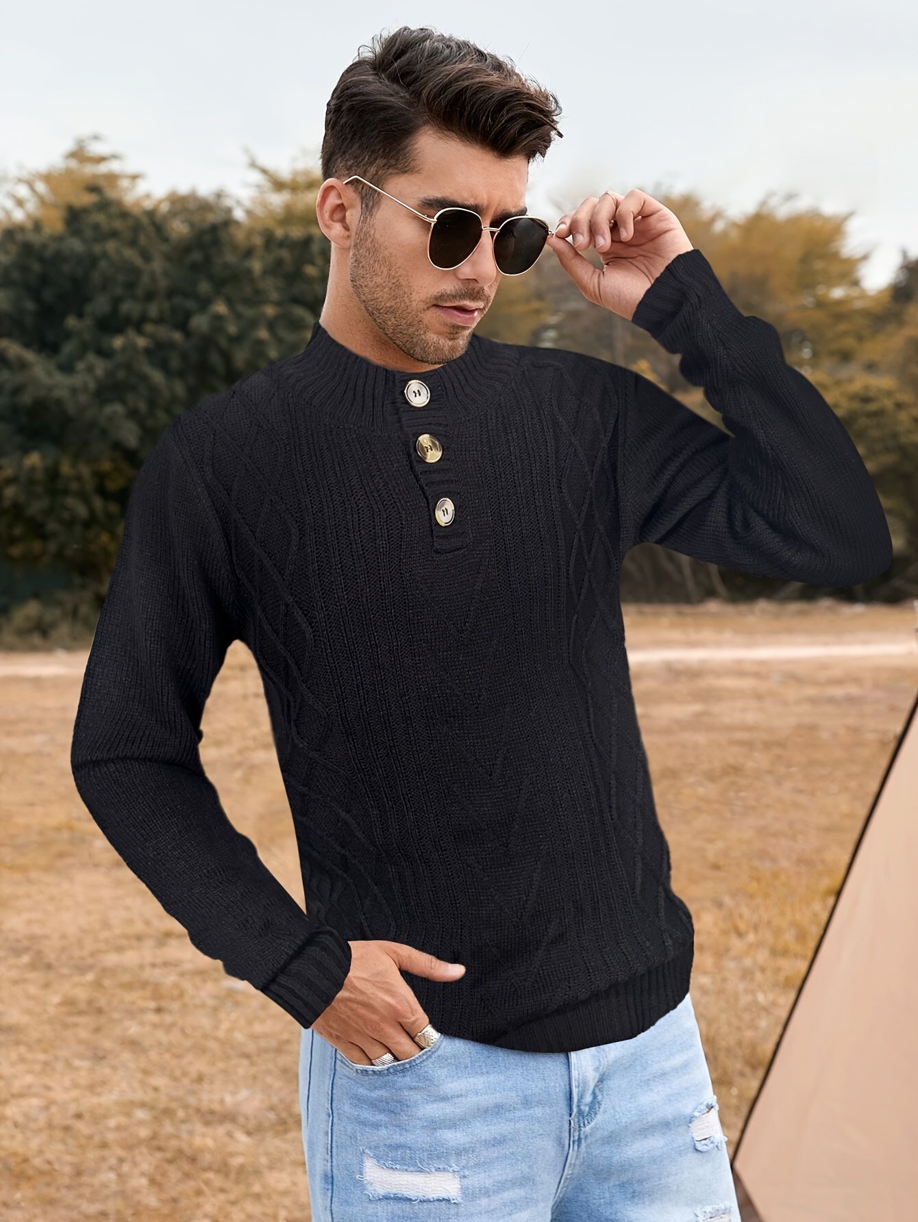 Cozy Men's Retro Long Sleeve Cable Knit Button Pullover Sweater for Winter - Image 4