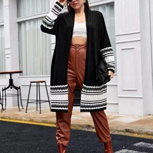 Women's Plus Size Long Casual Colorblock Knit High Stretch Sweater Cardigan - Image 11