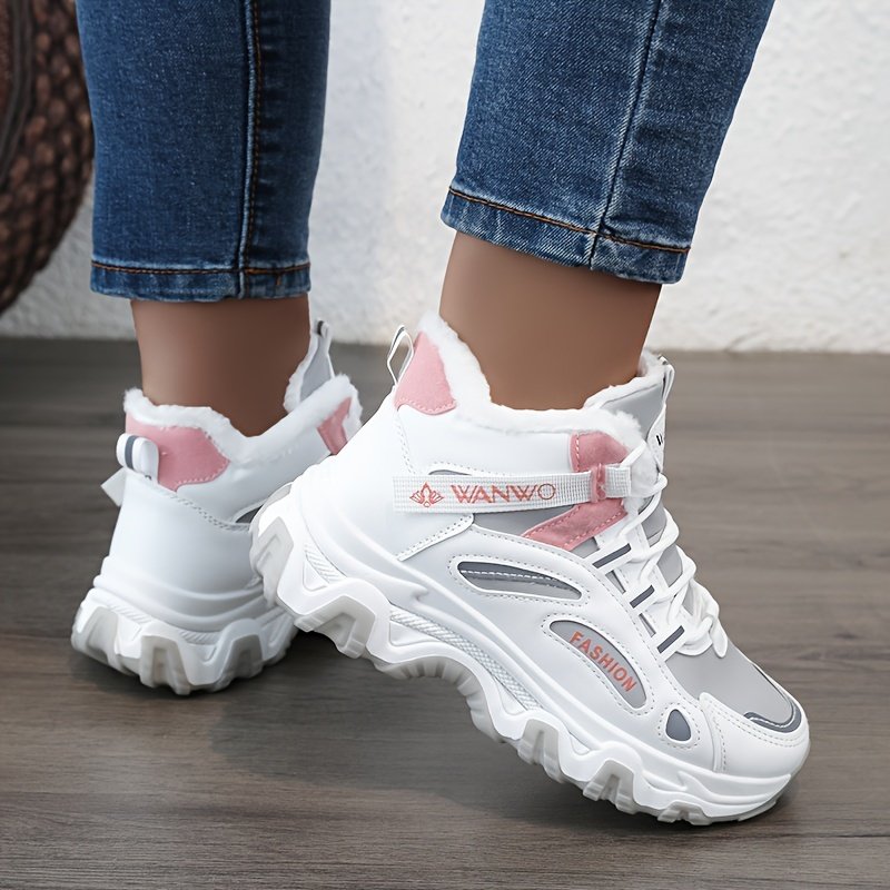 Chunky Color-block Thick Sole Sneakers - Women's Casual Plus Size Anti-slip Running Shoes with Warm Plush Lined - Image 11