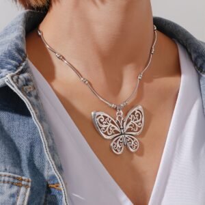 Vintage Ethnic Charm Butterfly Pendant Necklace - Intricate Geometric Carvings, Hollow Design, Ethereal Beauty for Everyday Glam
