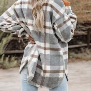 Long Sleeve Stylish Plaid Button Down Loose Lapel Jacket, Women's Clothing