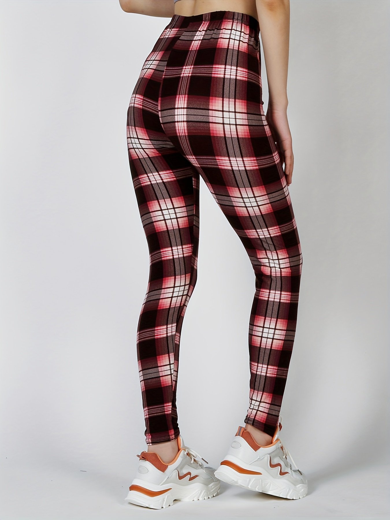 Sexy Plaid Print Leggings, Casual High Waist Elastic Fashion Bottoms Slim Leggings, Women's Clothing - Image 3