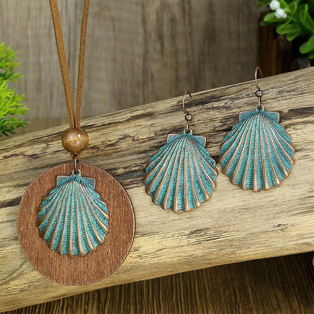3pack Ancient Folk Wooden Round Plus Geometric Ancient Copper Layered Charm Earrings Necklace Set - Image 28