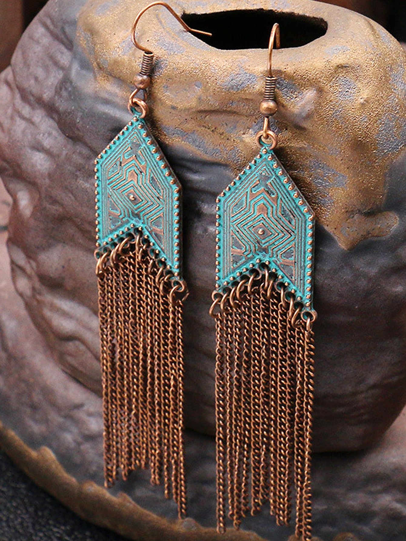 1 Pair Of Retro Style Bronze And Blue Geometric Chain Tassel Long Earrings Ethnic Style - Image 18