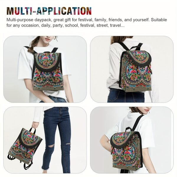 Vibrant Floral Embroidered Canvas Backpack - Stylish Women's Trendy Bookbag with Fashion Flap, Multiple Compartments, and Durable Construction for Travel, School, and Daily Use - Image 4