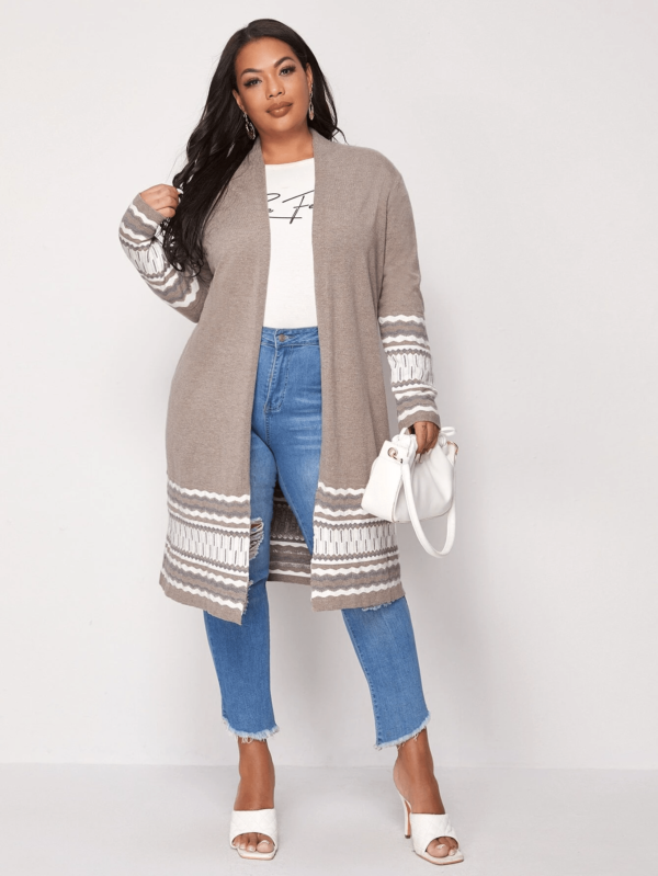 Women's Plus Size Long Casual Colorblock Knit High Stretch Sweater Cardigan - Image 13