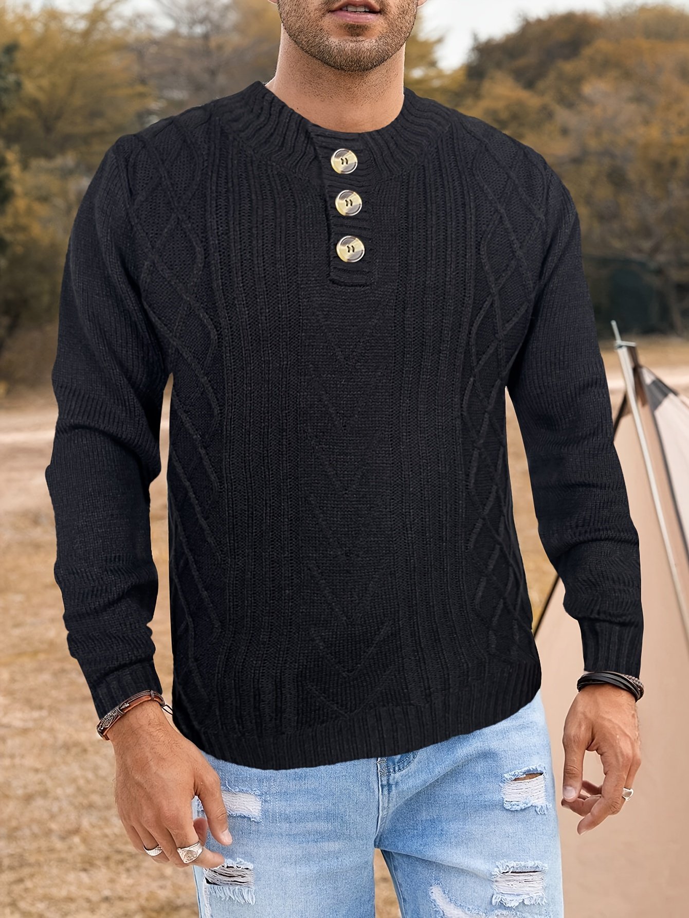 Cozy Men's Retro Long Sleeve Cable Knit Button Pullover Sweater for Winter - Image 2