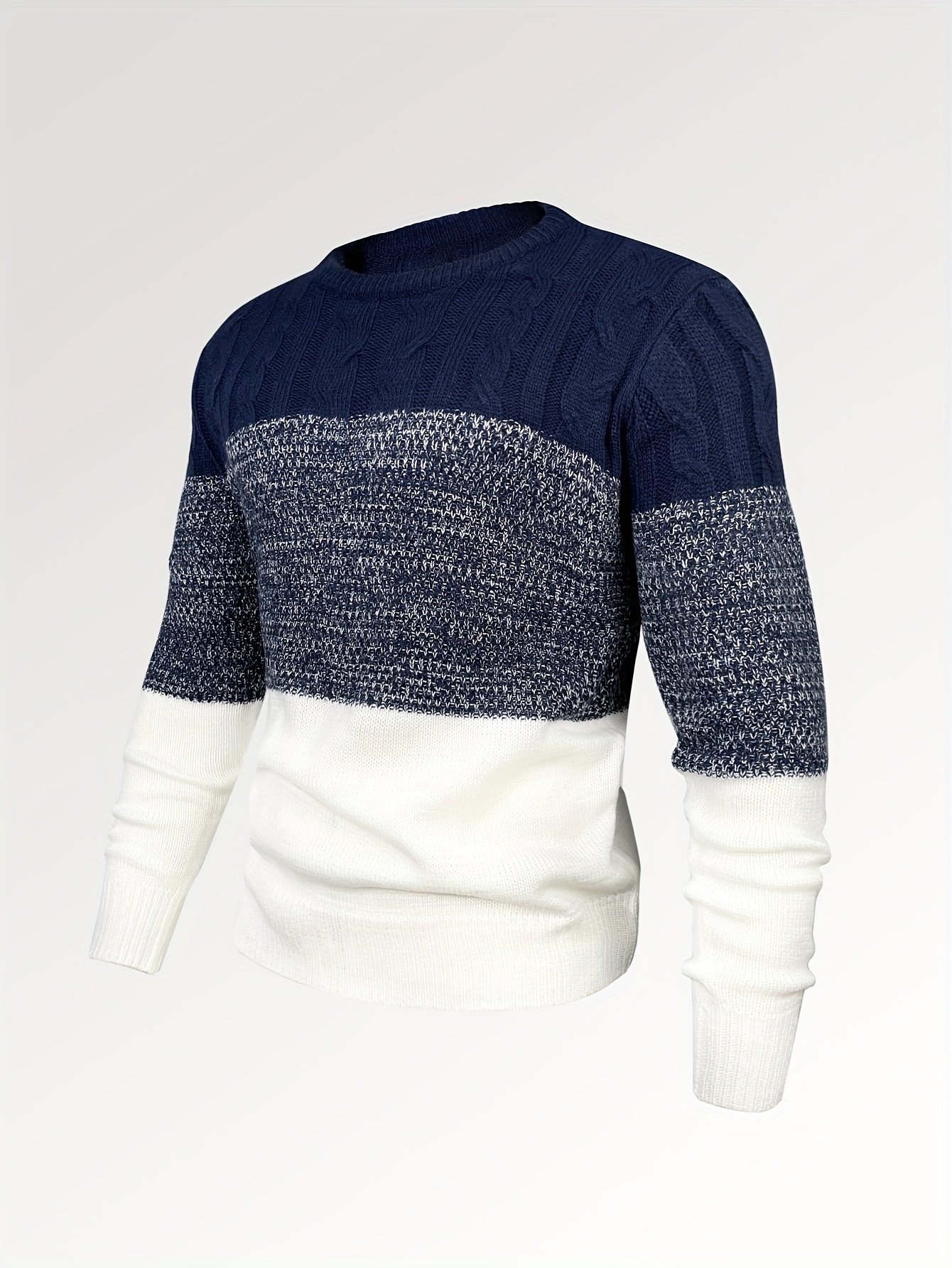 All Match Knitted Cable Sweater, Men's Casual Color Block Design Warm Slightly Stretch Crew Neck Pullover Sweater For Fall Winter - Image 2