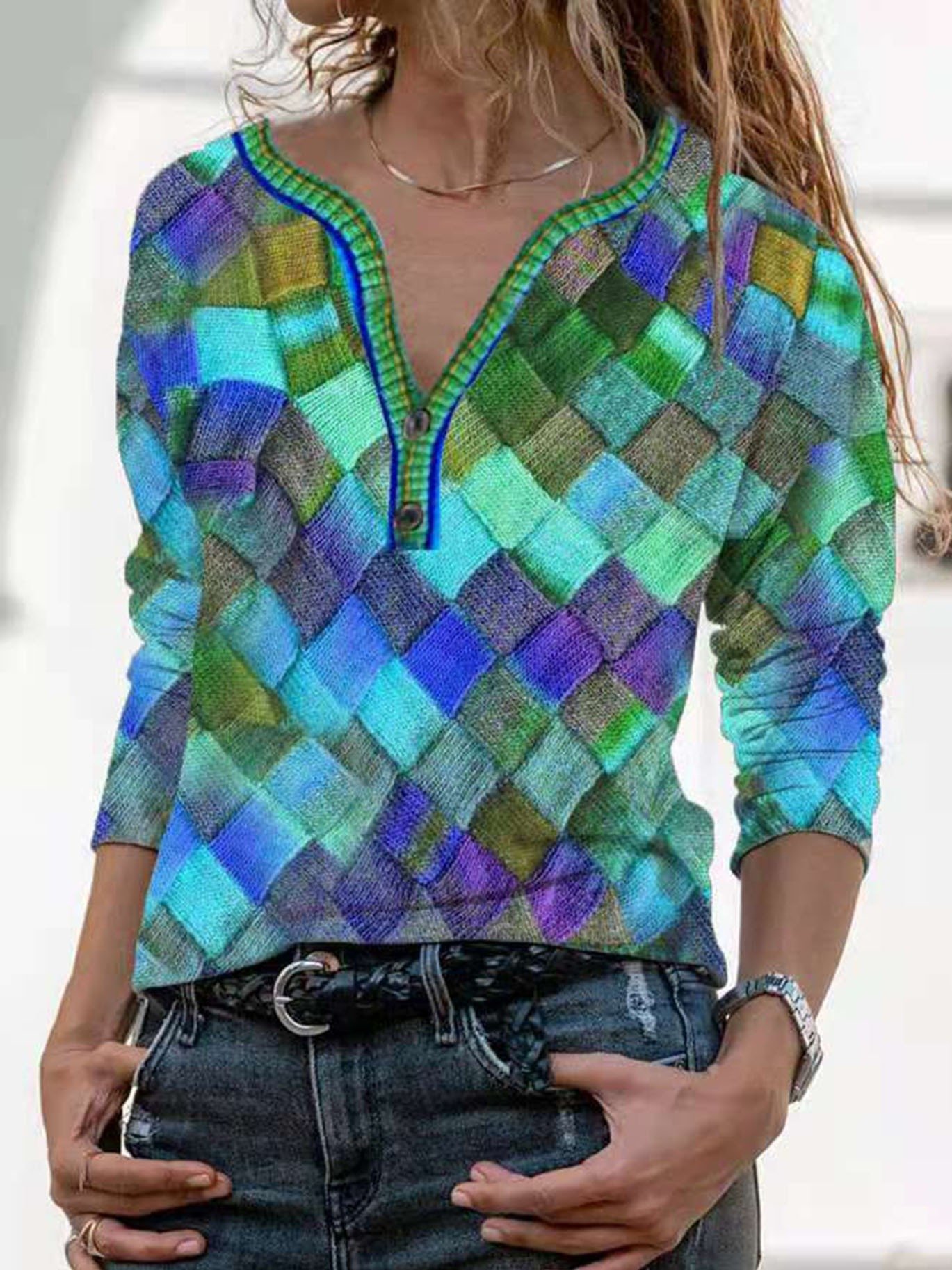 Vibrant Floral Print Long Sleeve V Neck Slim Fit T-Shirt - Soft Medium Stretch Polyester Fabric, Machine Washable, Casual Loose Style for Spring and Fall - Womens Fashion Tops - Image 2
