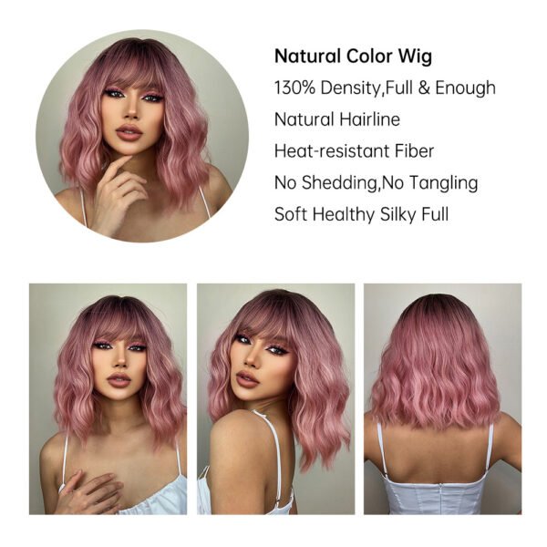 [Short Heat Resistant Curly Wigs] Gradient Pink Bob Wigs For Women Curly Wavy Wigs With Bangs Short Heat Resistant Synthetic Wigs For Party Costume Daily Wear Colorful Wigs Music Festival - Image 5