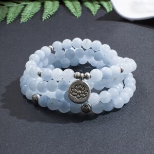 8mm Aquamarine 108 Mala Beads Bracelet Elastic Cord Wrap Bangle Yoga Prayer Jewelry For Women With 4 Accessories
