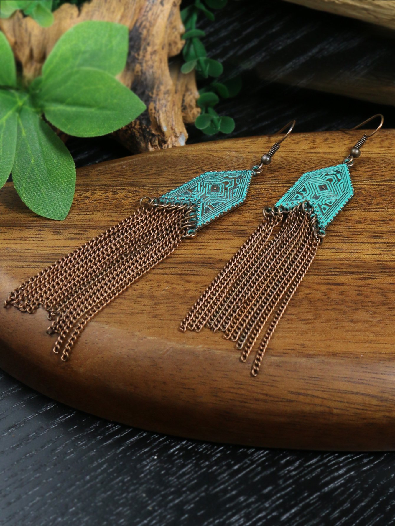 1 Pair Of Retro Style Bronze And Blue Geometric Chain Tassel Long Earrings Ethnic Style - Image 21