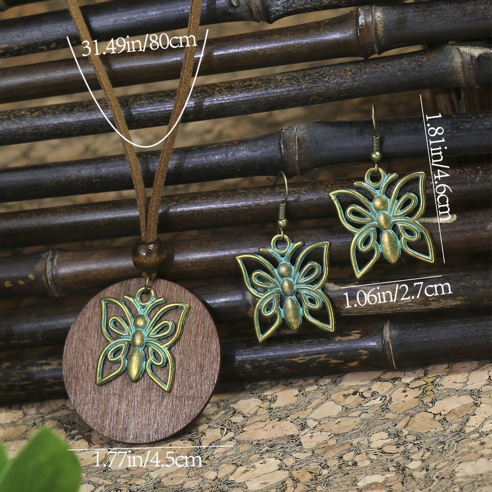 3pack Ancient Folk Wooden Round Plus Geometric Ancient Copper Layered Charm Earrings Necklace Set - Image 11