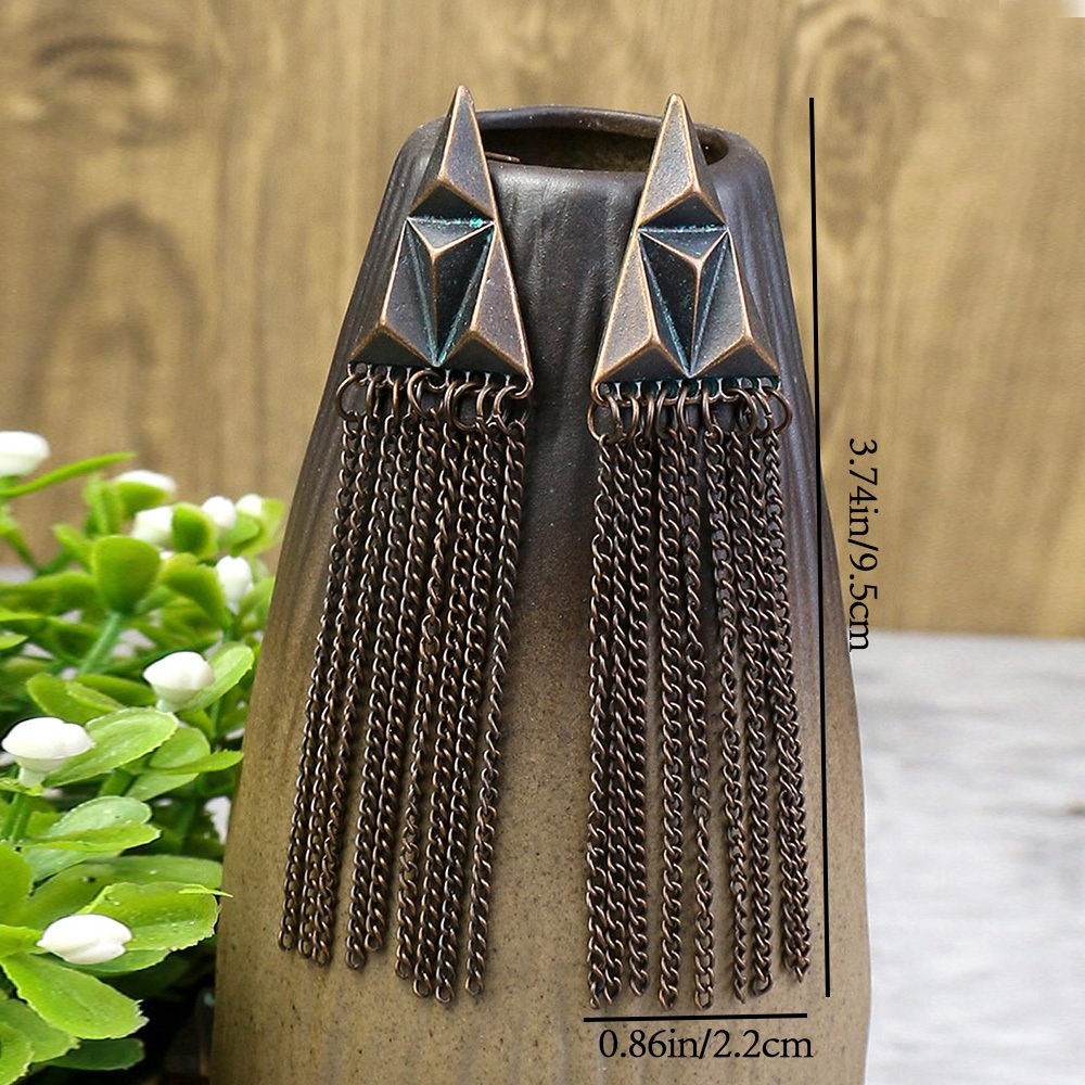 1 Pair Of Retro Style Bronze And Blue Geometric Chain Tassel Long Earrings Ethnic Style - Image 27